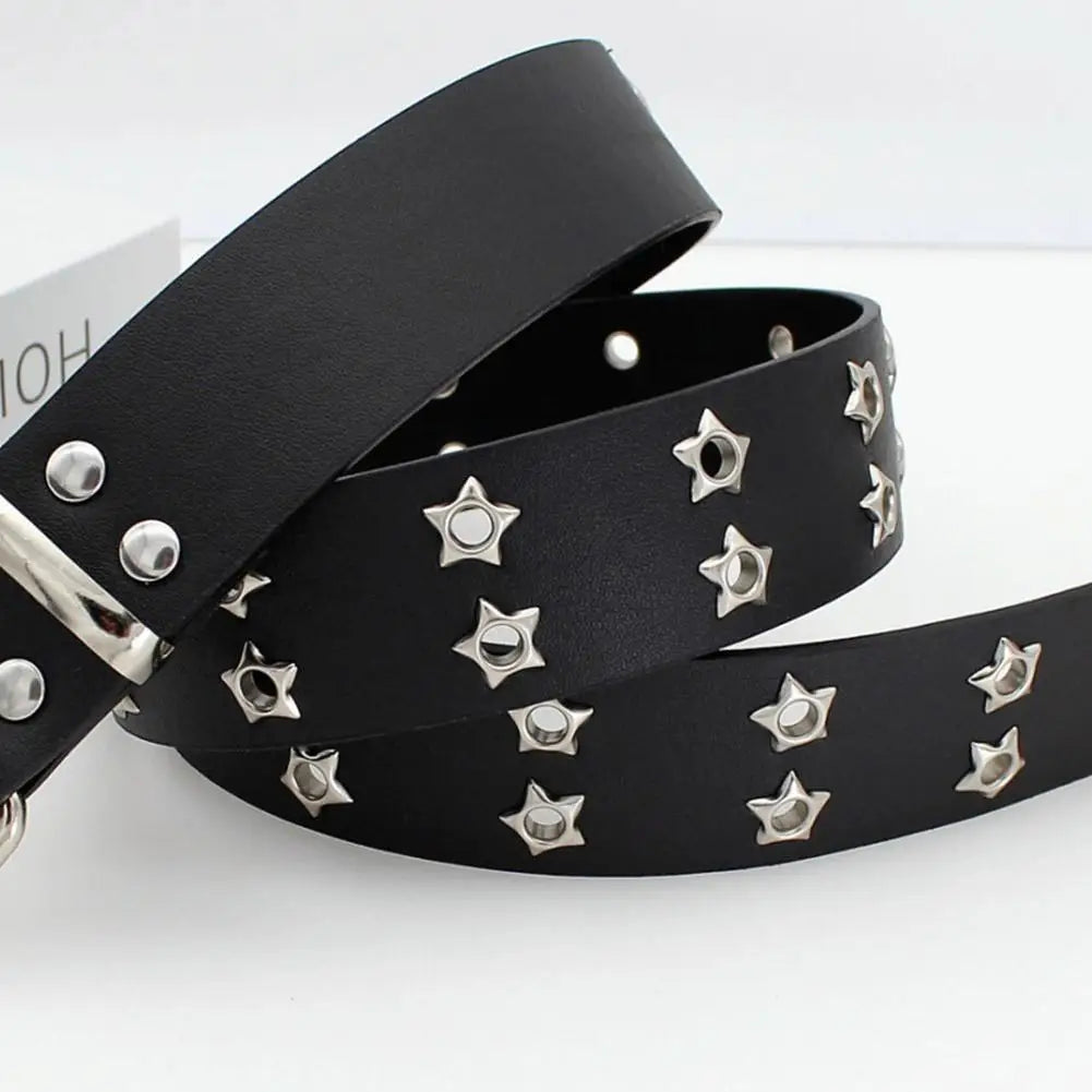 Y2K Punk Rivet Leather Belts  Star PU Black White Waist Strap Double Row Hollow For Jeans Skirt Decor Gothic Waistband