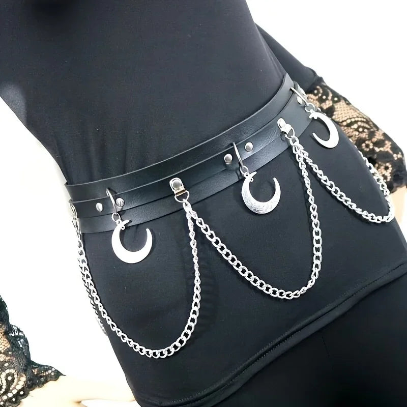 Moon Pendant Chain Fringe Goth Belt Punk Black PU Leather Belts Vintage Waistband For Women Girls