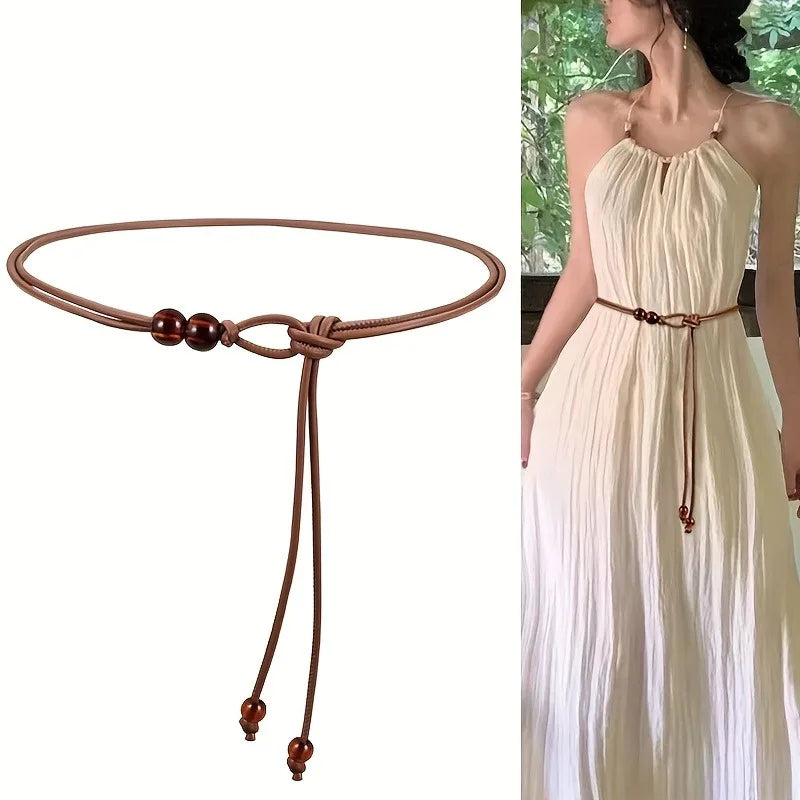 1pc Women's Adjustable Slim Belt with Brown Bead Accents Waist Cincher for Dresses Shirts Jackets Day-to-Night Style Enhancer
