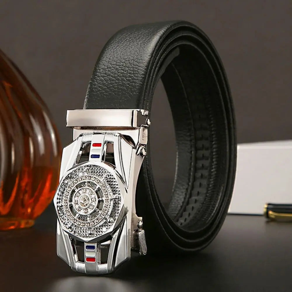 Men Business Time To Run Belt Man Automatic Buckle Leather Belt Golden Waist Buckle Males Luxury Belt Rhinestone Decoration