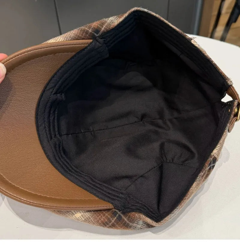 Classic Contrast Plaid Stitching PU Leather Brim Forward Hats Women Spring Autumn Street Trend Versatile Casual Literary Berets