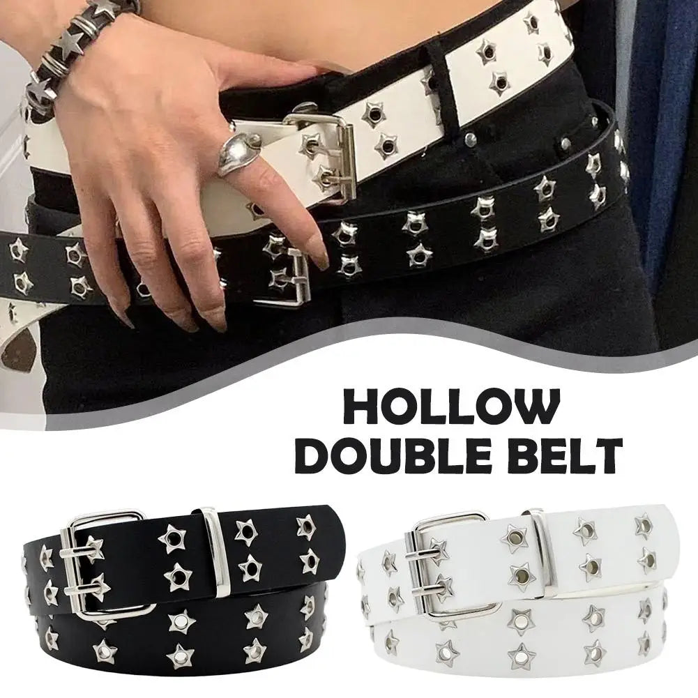 Y2K Punk Rivet Leather Belts  Star PU Black White Waist Strap Double Row Hollow For Jeans Skirt Decor Gothic Waistband