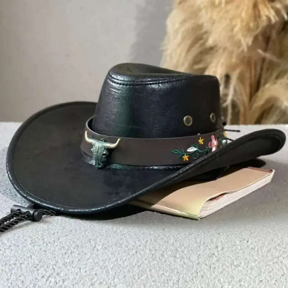 PU Leather Western Cowboy Hat Drawstring Outdoor Travel Hat Sunscrean Bucket Cap Panama Hat Cowgirl Hat Fisherman Hat