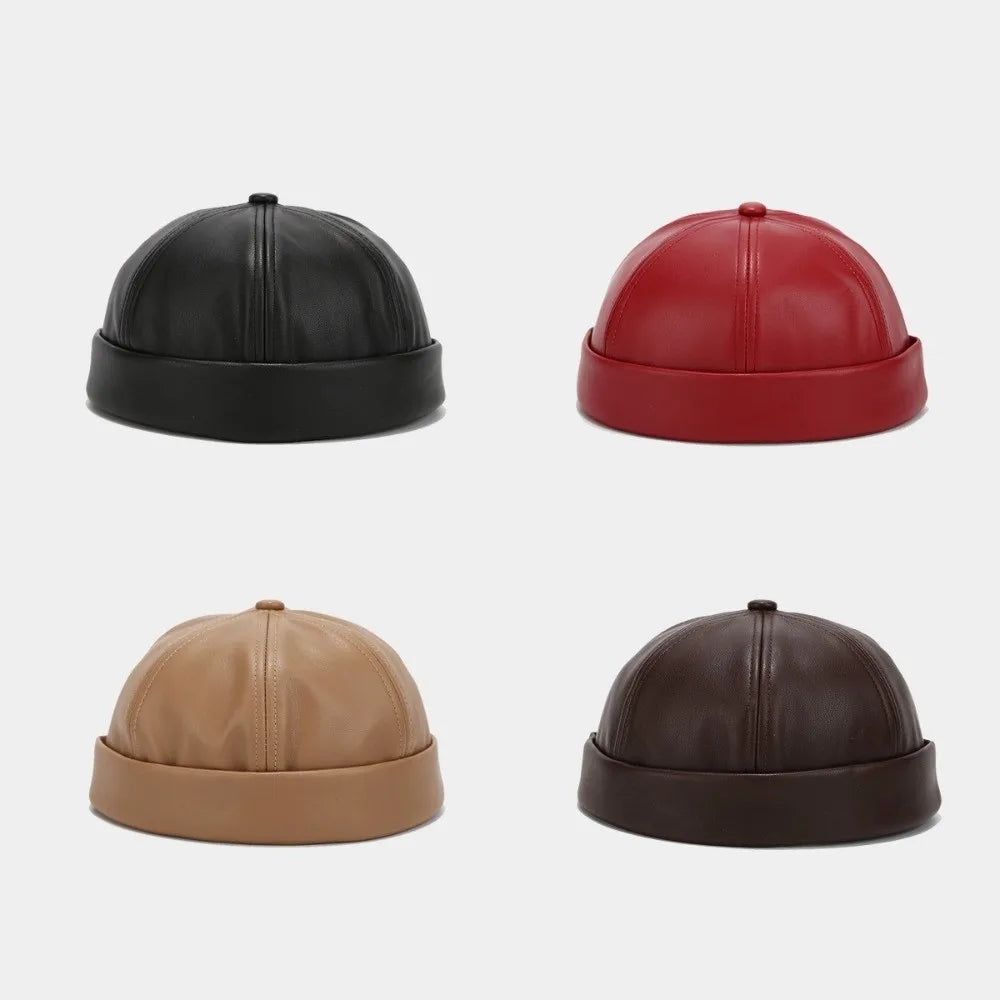 Casual Leather Brimless Round Landlord Hat Solid Color Retro Melon Skin Hat Simplicity Adjustable Trendy Cap Winter