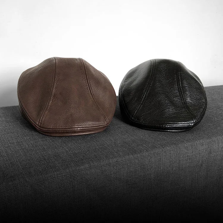 High-grade Leather Cap Vintage British Forward Hat, Versatile Beret Flat Top Cap Unisex Fashion Outdoor Daily Wear