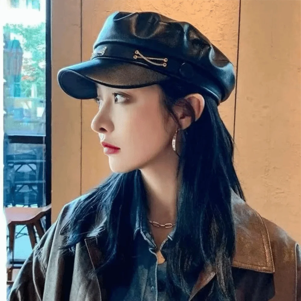 Classic Flat Top Beret Hat Black PU Leather Sailor Visor Hat Punk Style Adjustable Painter Hat