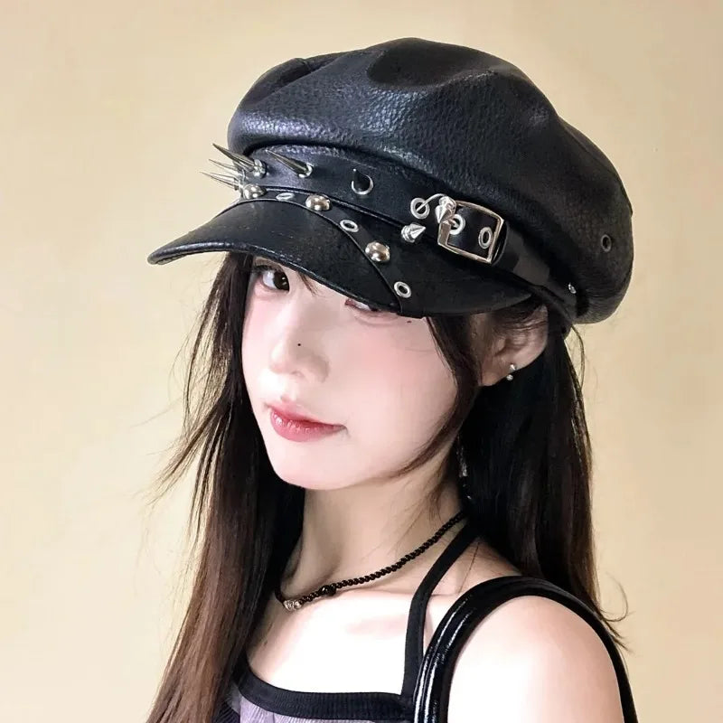 Gothic Punk Faux Leather Military Cap Spiked Studded Cadet Hat with Buckle Strap Retro Biker Captain Hat for Cosplay Rock Party