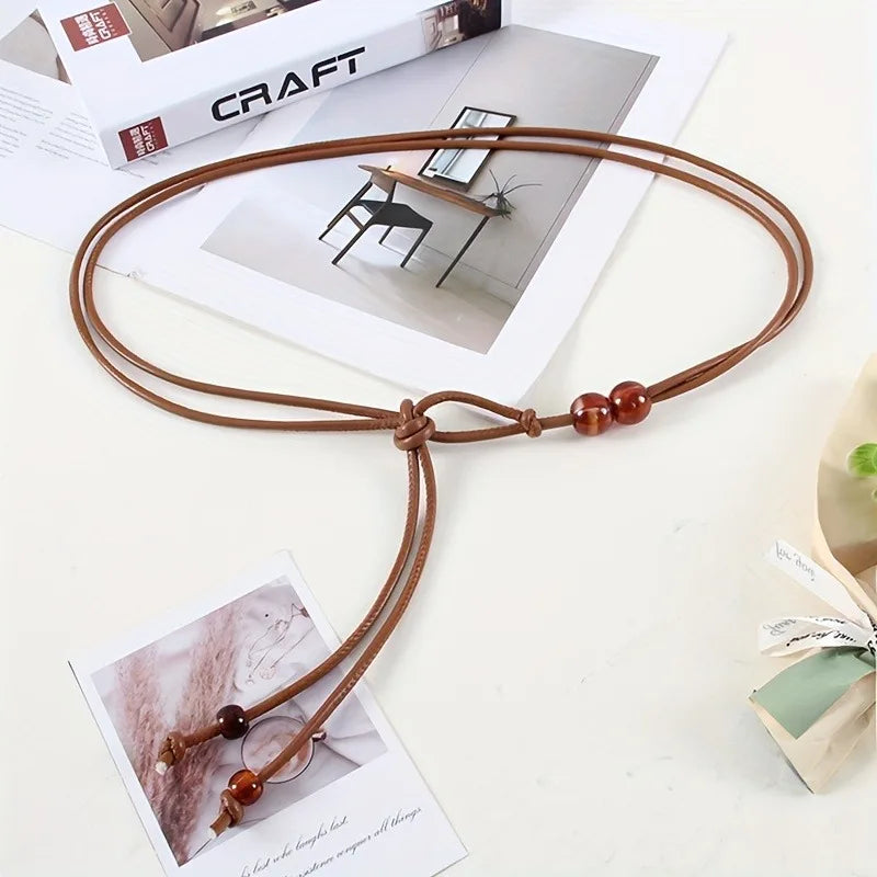 1pc Women's Adjustable Slim Belt with Brown Bead Accents Waist Cincher for Dresses Shirts Jackets Day-to-Night Style Enhancer