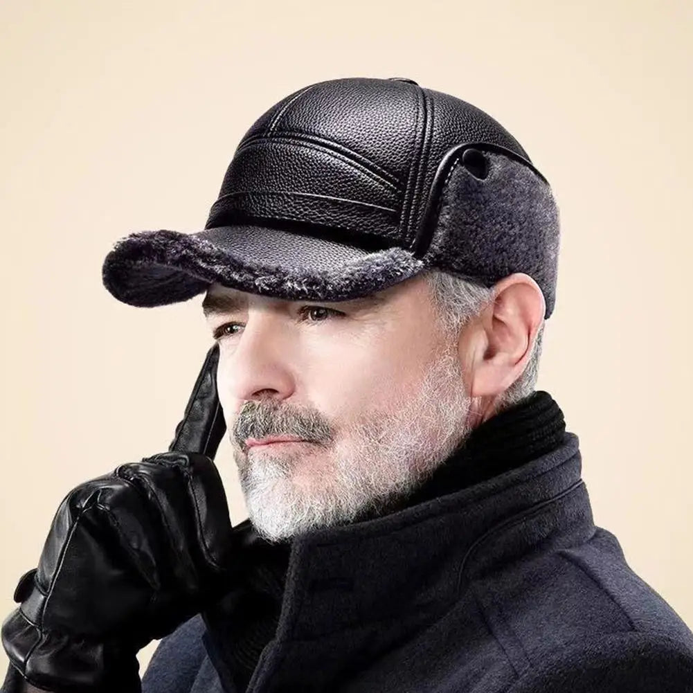 Leather Hat Winter Waterproof Thicken Earmuffs Warm Russian Ski Hat Windproof Cold Flat Cap For Elder Men Women Essential Winter