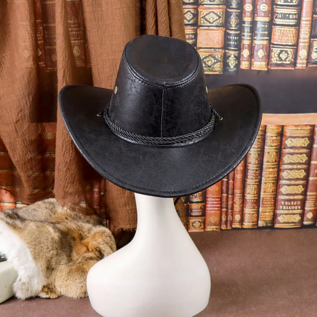 Vintage Faux Leather Big-edge Western Cowboy Hats Panama Gentleman Cowgirl Jazz Hat Holidays Party Cosplay Hat
